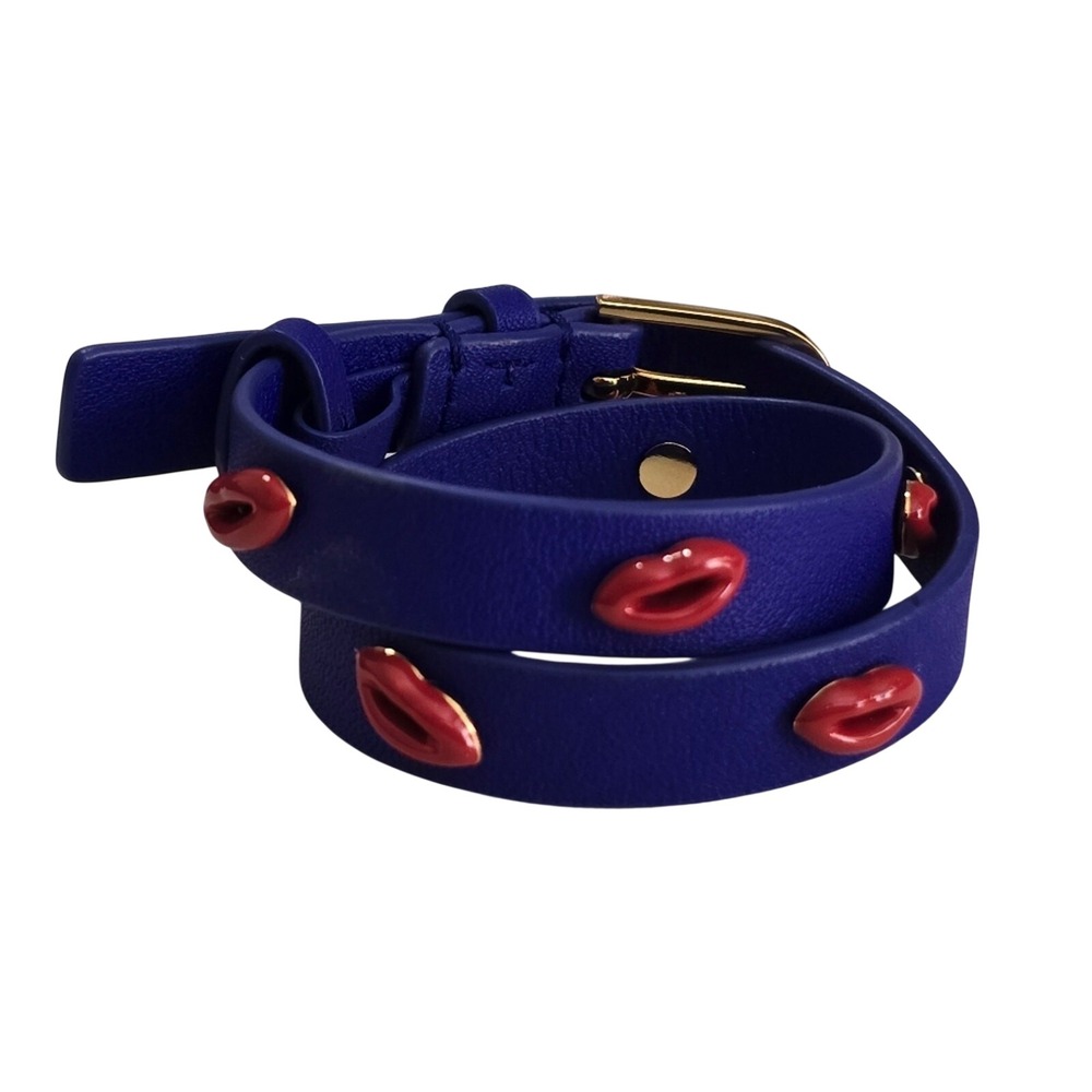 Tory Burch Blue‎ Leather Wrap Bracelet Gold Tone Red Lips Charm Adjustable